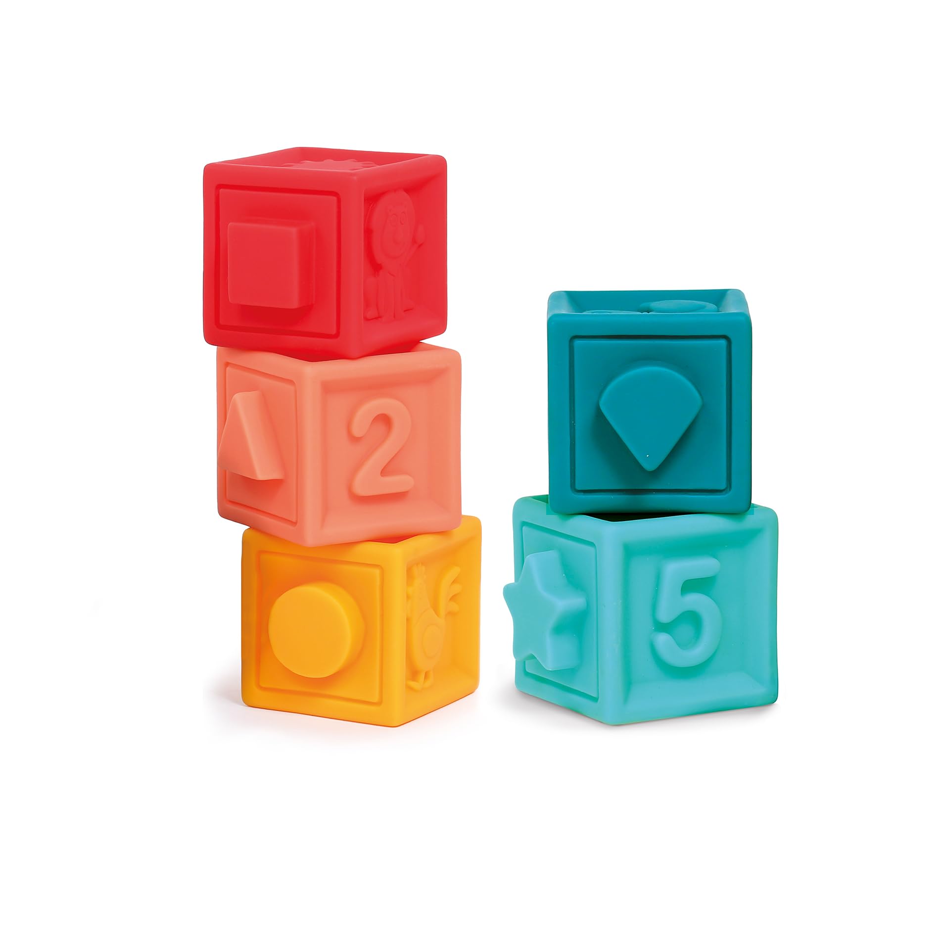 LUDI Interlocking Cube - Awakening Toy - Set of 5 Installation Parts - Flexible Plastic Stacking and Construction Set - Fine Motor Development - 10 Months