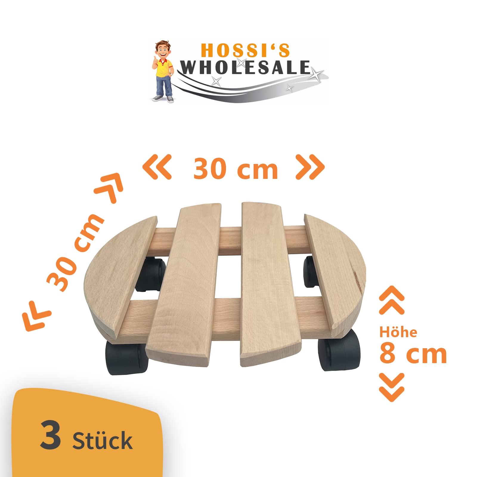 Lot de 3 roulettes pour plantes en bois massif rond 30 cm jusqu'à 120 kg