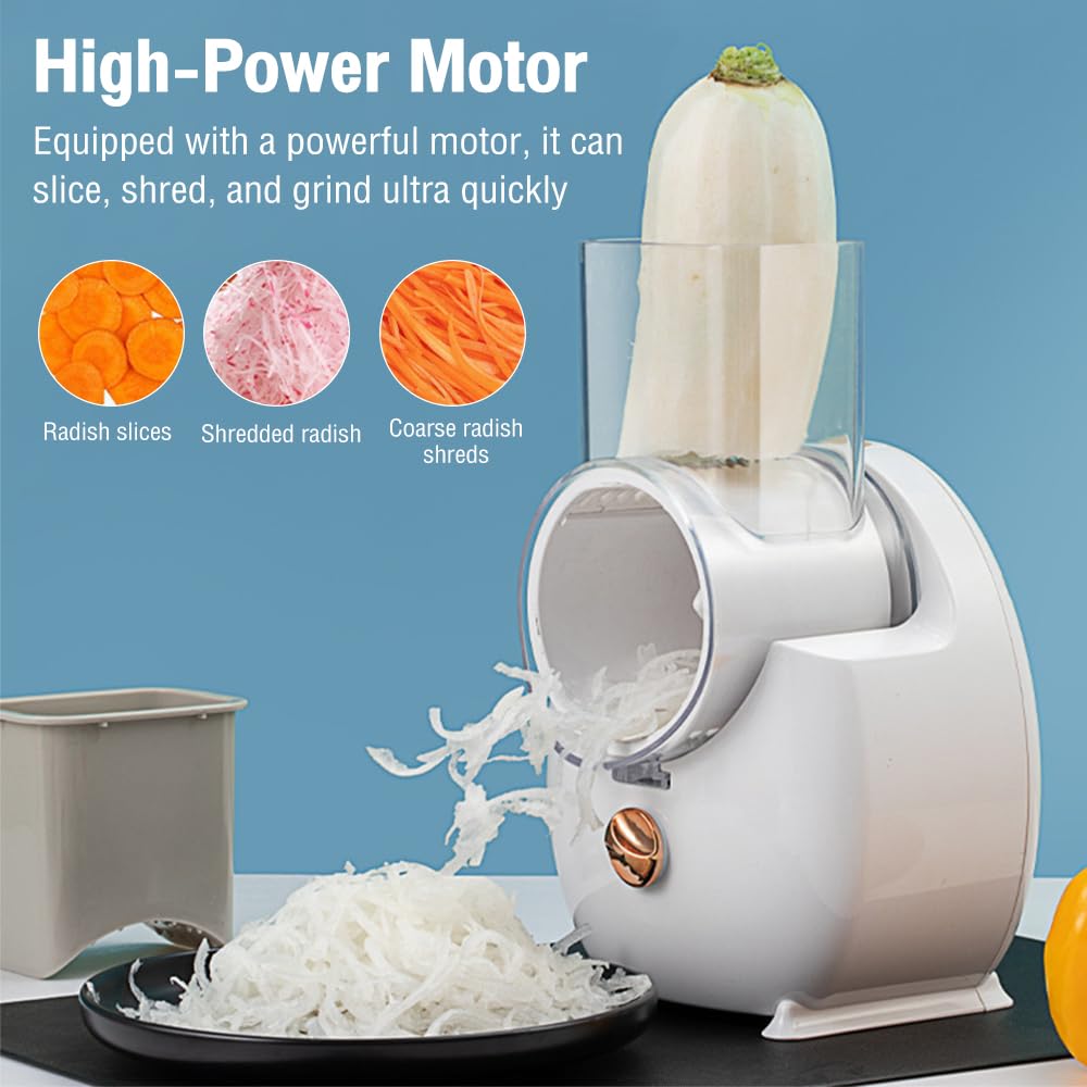 Râpe à fromage électrique, machine à salade électrique, râpe multiple, coupe-fruits, hachoir automatique professionnel avec plusieurs lames coniques pour fruits et légumes, acier inoxydable, blanc