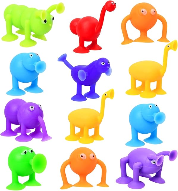 Cozlly 12PCS Suction Toys Silicone, Kids Bath Toys, Sensory Toys, Animal Shape Sucker Toys, Stress Release Toys, Building Blocks Suction Toy, Sucker Toys Silicone for Family Interactive Stress Release