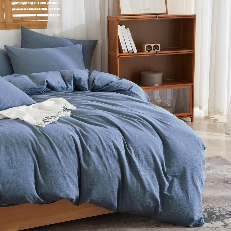 Gezu Housse de Couette Coton Lin 220x240 Bleu Parure de Lit 100% Naturel Lin Coton Doux Respirant Linge de Lit 2 Personnes avec Fermeture Éclair et Taies d'oreiller 65x65 cm