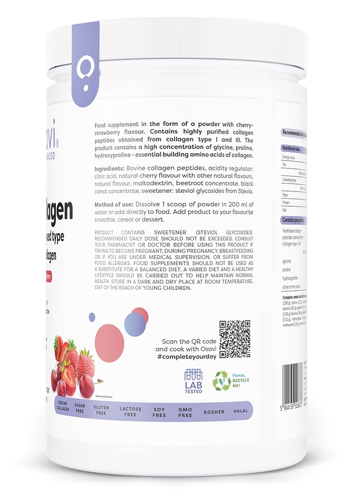 Osavi Hydrolysiertes Kollagen Typ I & III – 660 g Pulver | Kirsch-Erdbeer-Geschmack | 20 g Peptide pro Portion | 18 Aminosäuren inkl. Glycin & Prolin | Unterstützt Muskeln & Knochen | Leicht löslich