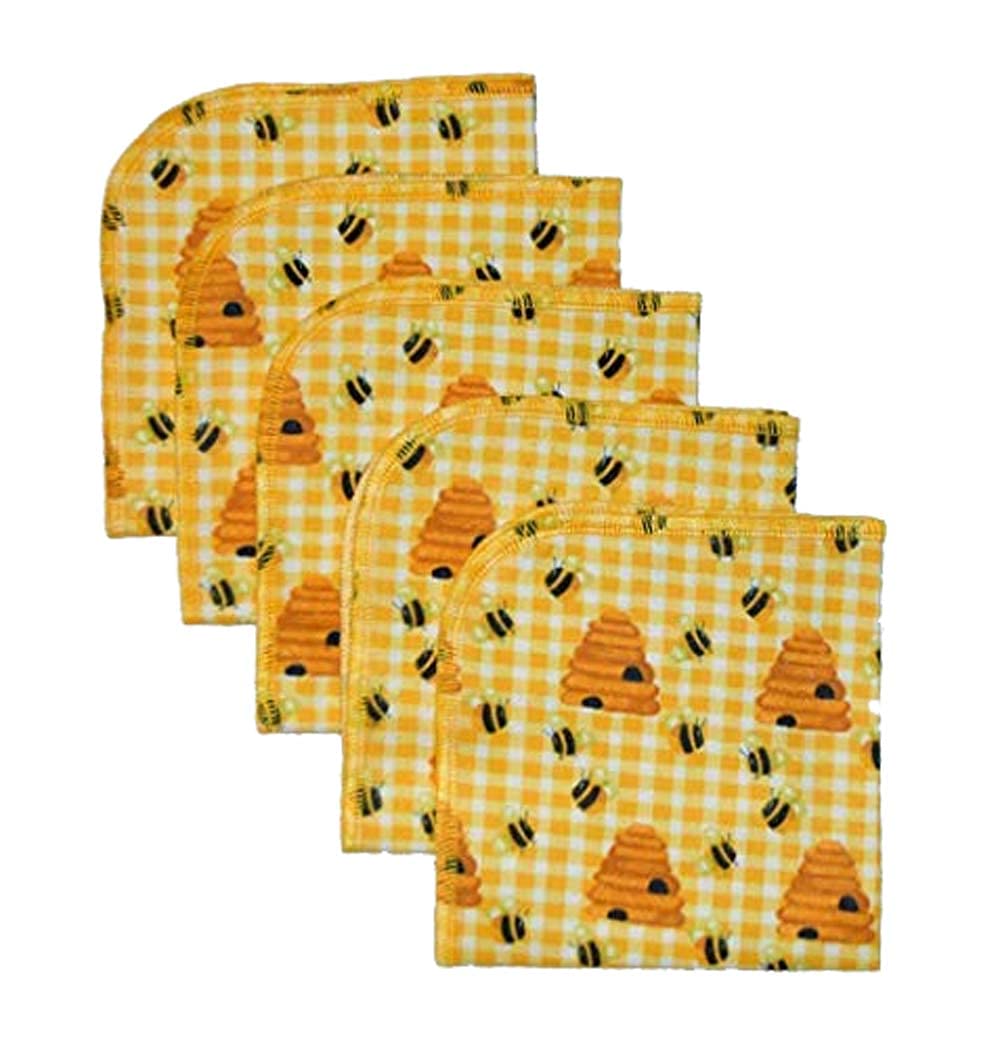 Honey Bee Printed Flannel Paperless Towels 1 Ply 12x12 Inches Set of 5 - Proudly Made in the USA!