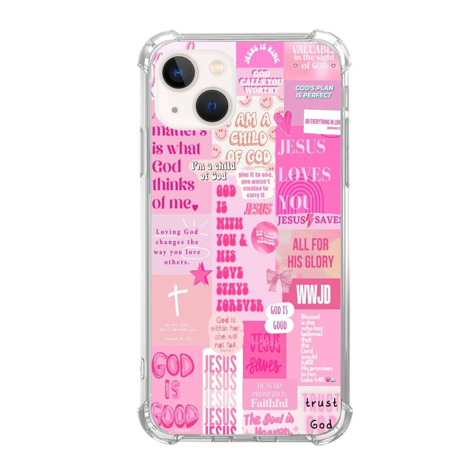 Wizeyake Pink God Christian Jesus Collage Phone Case Compatible with iPhone 15 Plus, God Love Collage Teen Cool Girl Boy Silicone Shockproof TPU