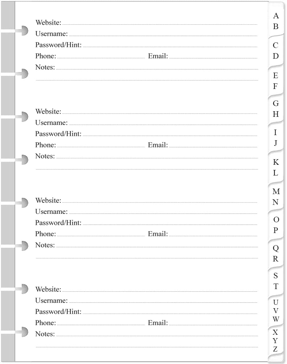 A5 TUL Discbound Password Book Refills - 8-Disc A-Z Password Notebook Refill Paper with Alphabetical Tabs, 120gsm White Paper, 5.8" x 8.3"