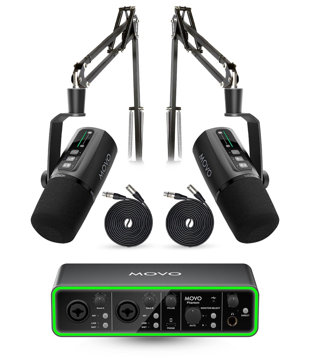 Movo Podcast Equipment Bundle - Phantom USB Audio Interface, 2 UM6 XLR/USB-C Dynamic Microphones, and 2 Boom Arms - Professional Dual Microphone Setup for Podcasting and Streaming