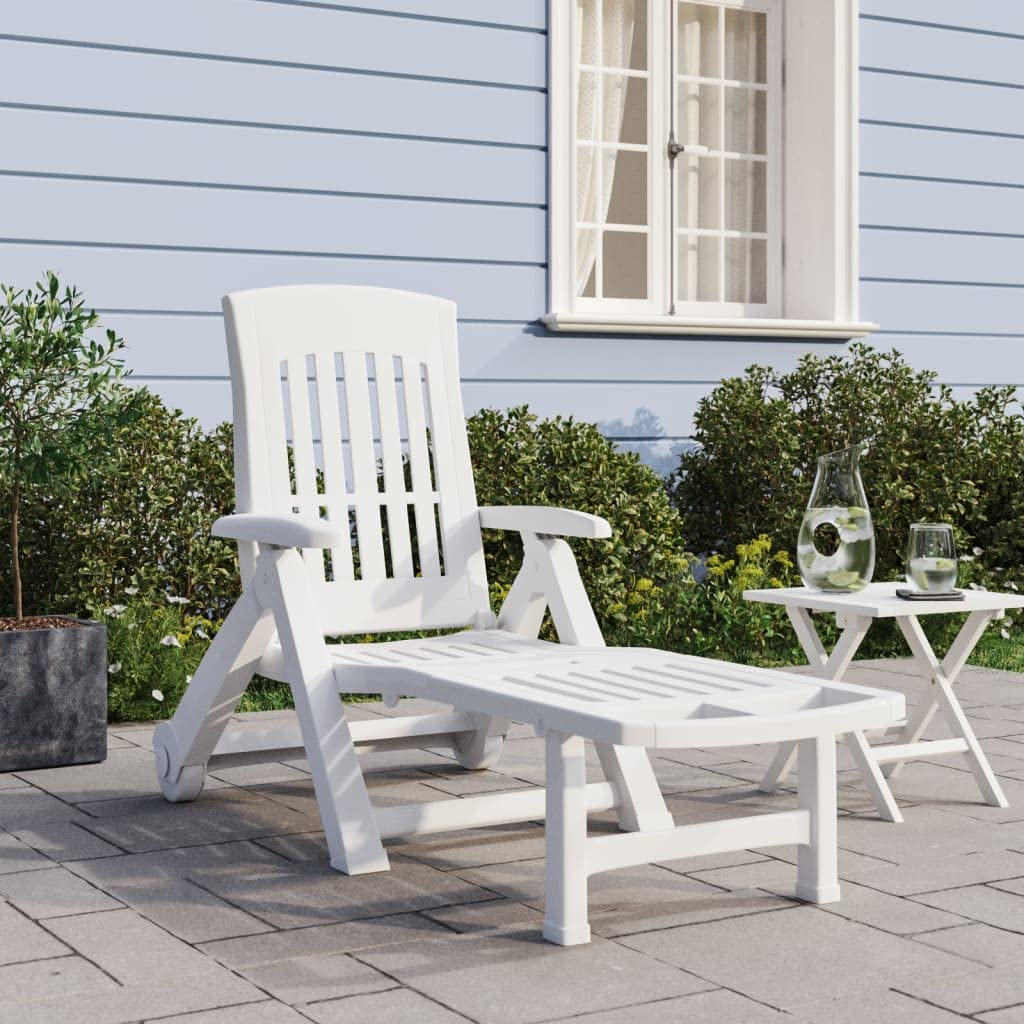 Outdoor-Möbel, Sitzgelegenheiten, Sonnenliegen, Klapp-Sonnenliege mit Rollen, weiß, PP