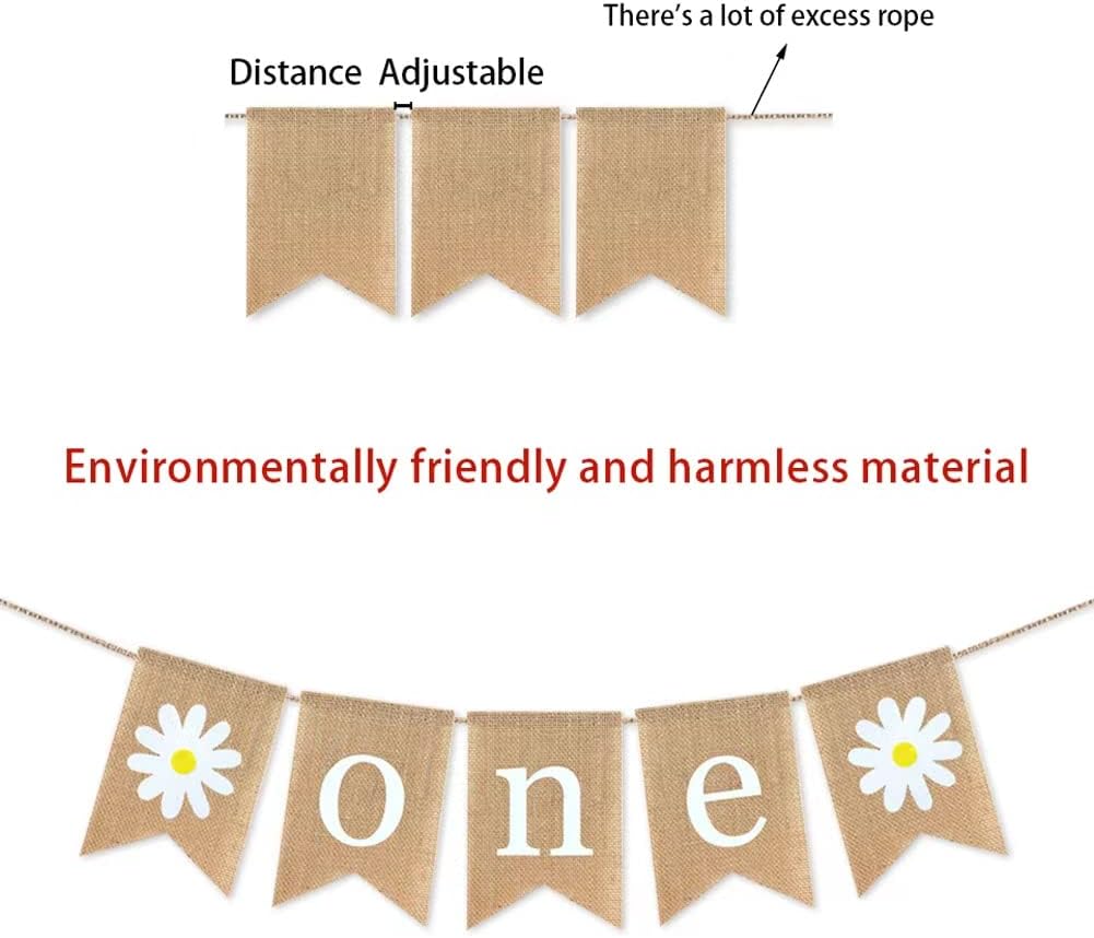 Jute Burlap Daisy Themed 1st Birthday Party Decoration Banner, Spring Party Decoration Burlap Banner Garland with Flower for Mantle, Fireplace Supplies