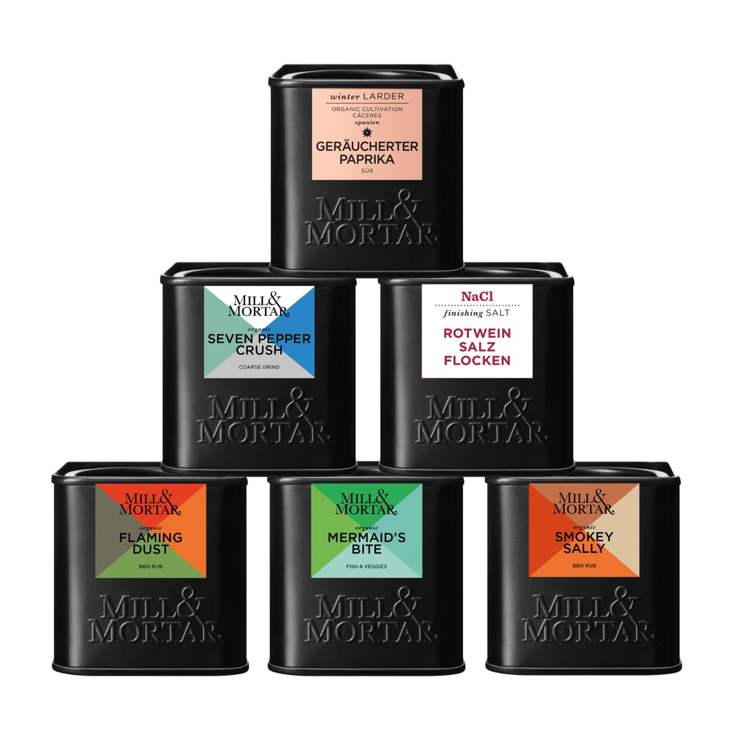 Mill & Mortar BIO Grillgewürz-Geschenkset, 6 Gewürze für BBQ | Smokey Sally, Flaming Dust, Mermaid's Bite, Seven Pepper Crush, Paprika, Rotweinsalz, 4 von 6 Bio, Geschenke für Männer