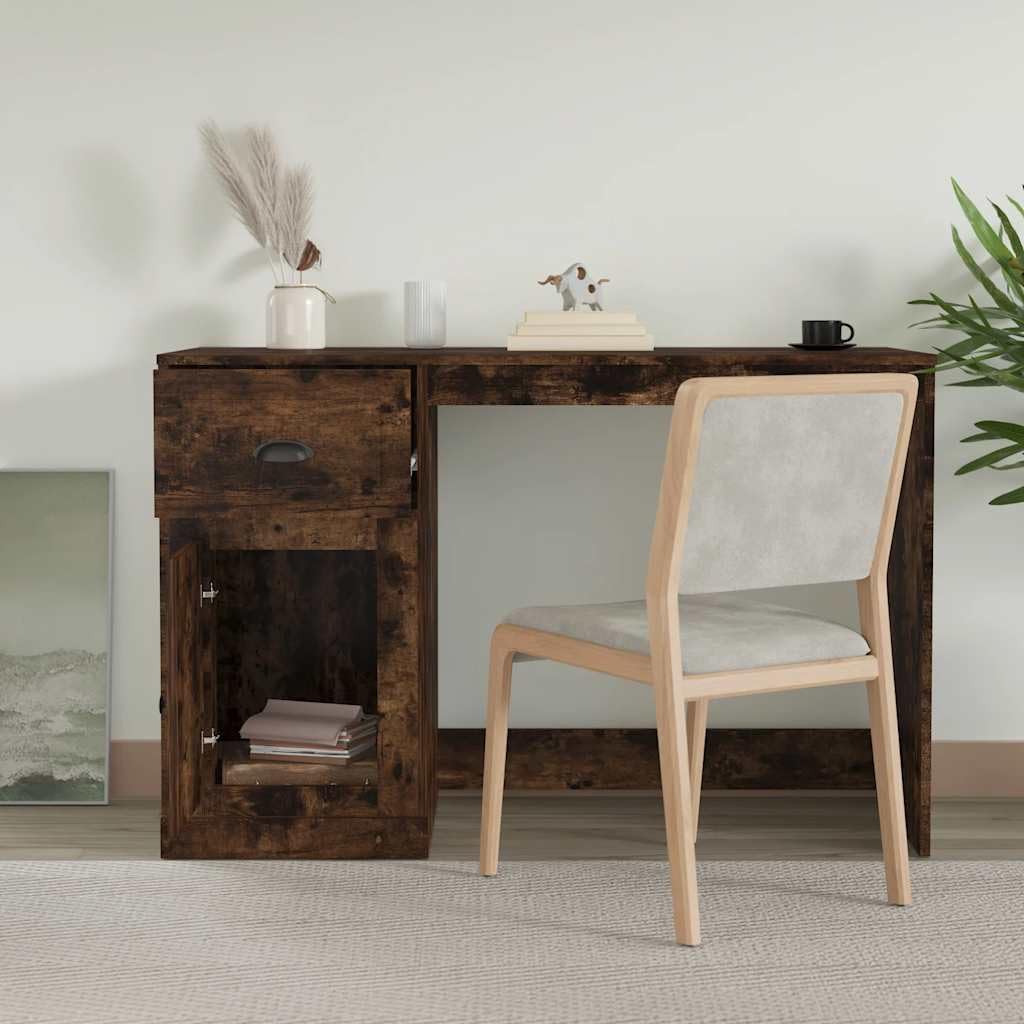 Scrivania in legno di rovere affumicato, 115 x 50 x 75 cm, con cassetto e porta, scrivania per computer per ufficio, ufficio, studio, segretario di lavoro per appartamento e camera degli