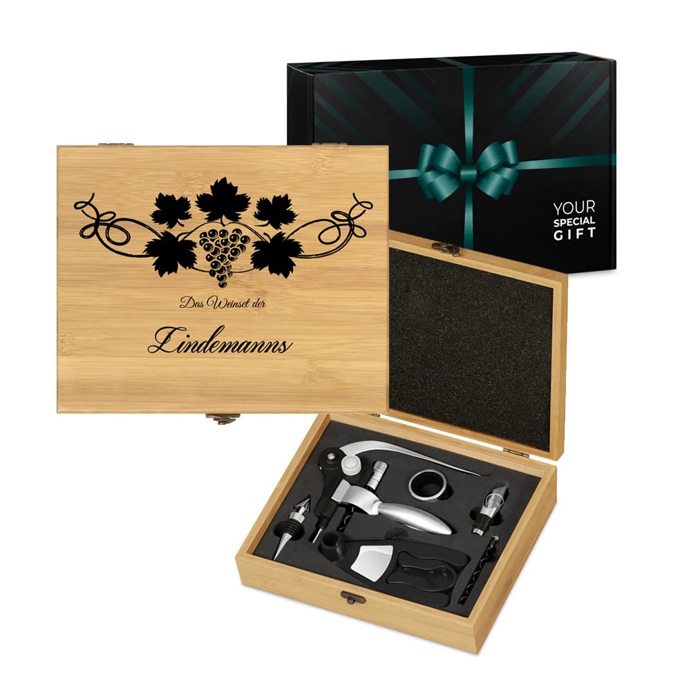 Maverton Weinöffner-Set personalisiert Weinset Sommelier Set - Geschenkbox Holzbox + 6er Weinzubehörset - aus Bambus - Braun - Geschenk Hochzeit Hochzeitstag Paar - Weihnachtsgeschenke - Weintraube