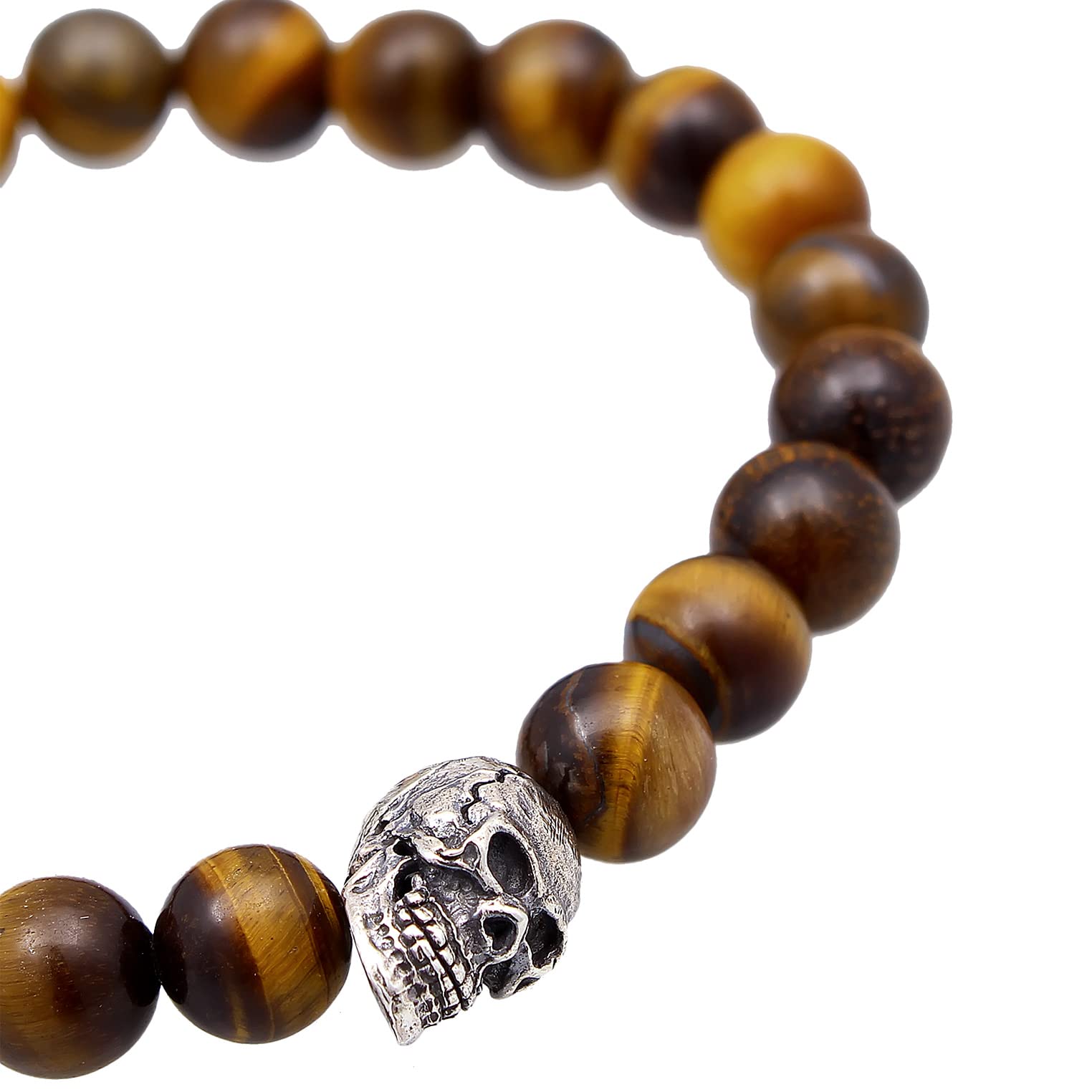 Kuzzoi Buddha 0207311322 - Bracciale da uomo con occhio di tigre, perle con teschio in argento sterling 925, Chakra, braccialetto energetico, lunghezza 19 – 23 cm, elastico, 0207311322