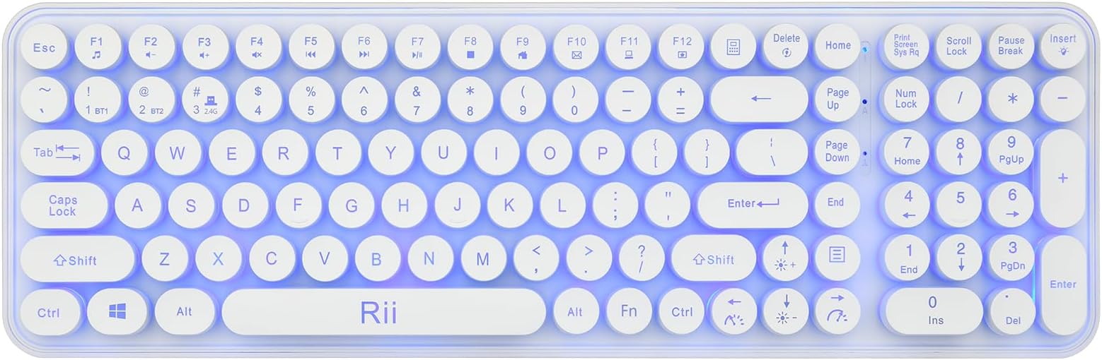 Rii Wireless Typewriter Style Gaming Keyboard, Multi-Device Connections（ Dual BT+2.4G） 7-Color RGB Backlit, 105 Retro Punk Round Keys Keyboard, for Windows/Mac/PC/iOS/Android，White（Updated）