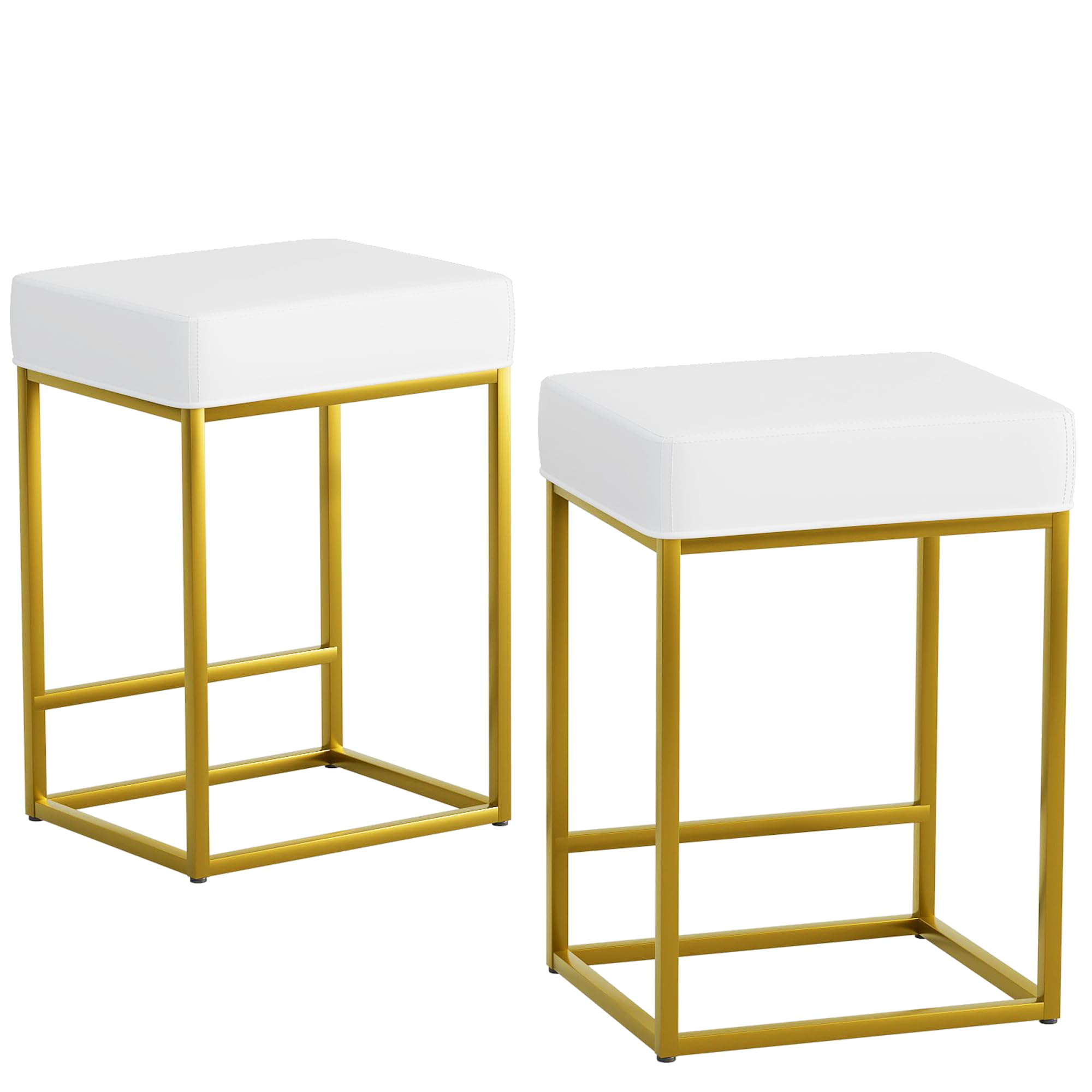 Devoko 24" Bar Stools Set of 2, Counter Height Barstools for Kitchen Island, PU Leather Backless Modern Bar Chairs Square Stool with Thick Cushion and Metal Steel Frame (White & Gold)