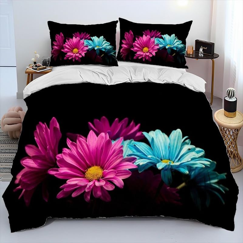 Housse de couette 90x190 chrysanthème noir et taie d'oreiller en microfibre pour lit enfant