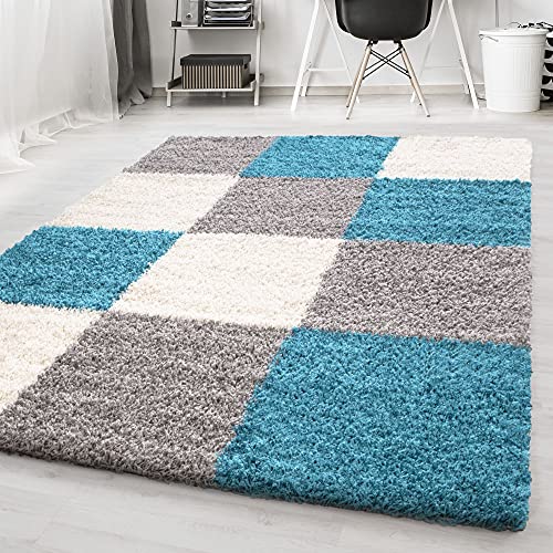 Carpetsale24 Teppich Wohnzimmer Shaggy Moderne 3 Farbig Türkis - Grau - Weiß 60 x 110 cm -...