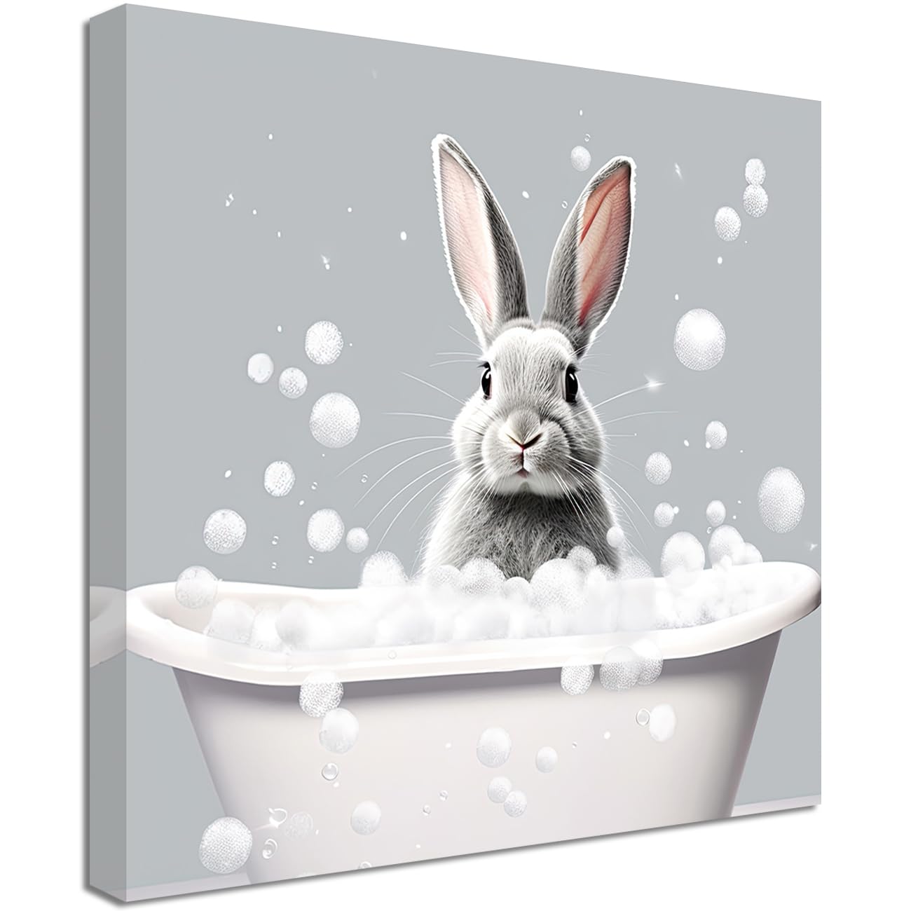 LMYSXAOZ Bathroom Animal Canvas Wall Art Cute Rabbit in Bubble Bathtub Painting Prints Picture Artwork Funny Poster Framed (Rabbit,24.00" x 24.00")