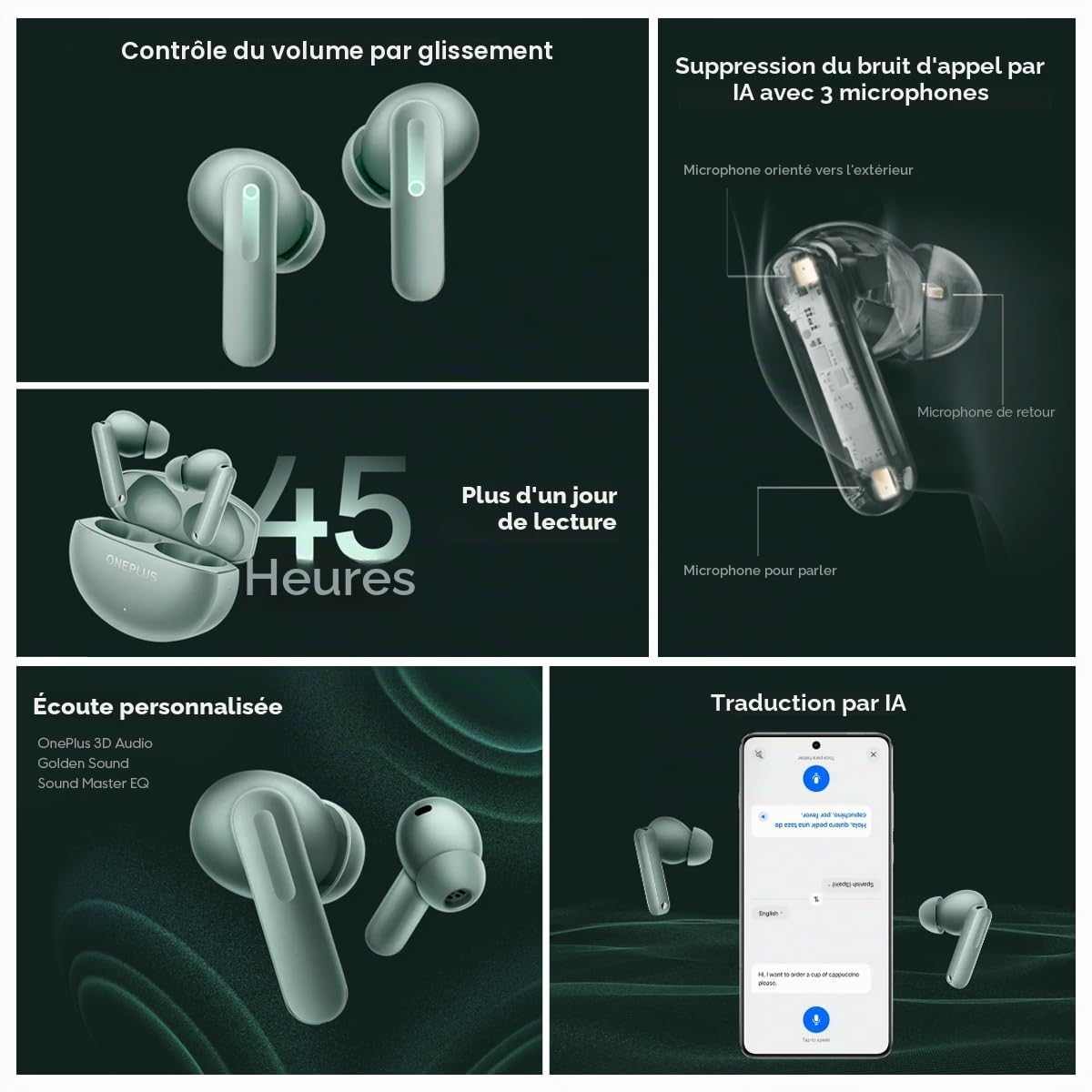 OnePlus Buds 4 Écouteurs Intra-Auriculaires sans Fil Bluetooth avec Suppression Active du Bruit Vert Zen