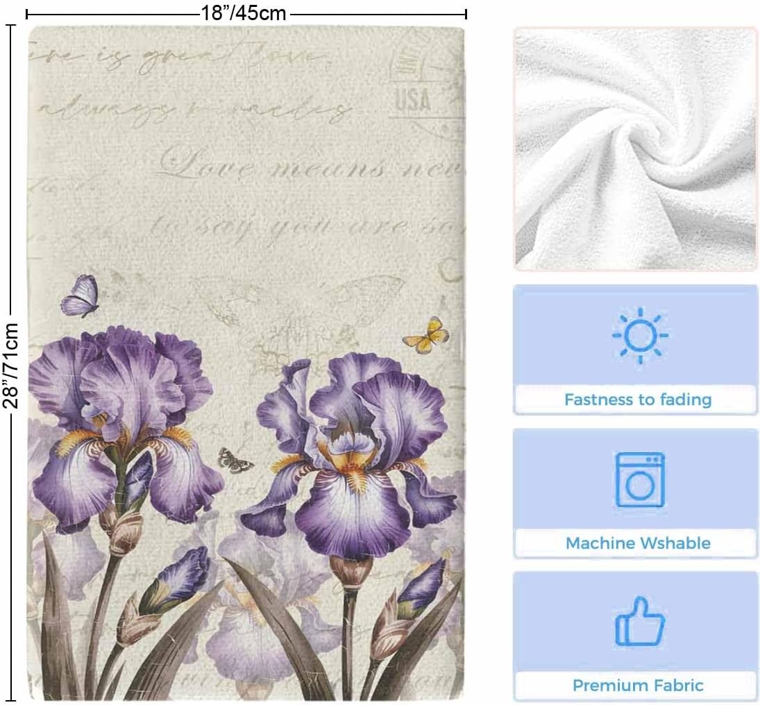 Kitchen Towels Set of 3 Purple Flower Butterfly Tea Dish Towels and Dishcloths Sets Decorative Tea Towel Elegant Blossoms Iris Floral Absorbent Hand Towels for Kitchen Drying Bathroom Decor Gift 18x28