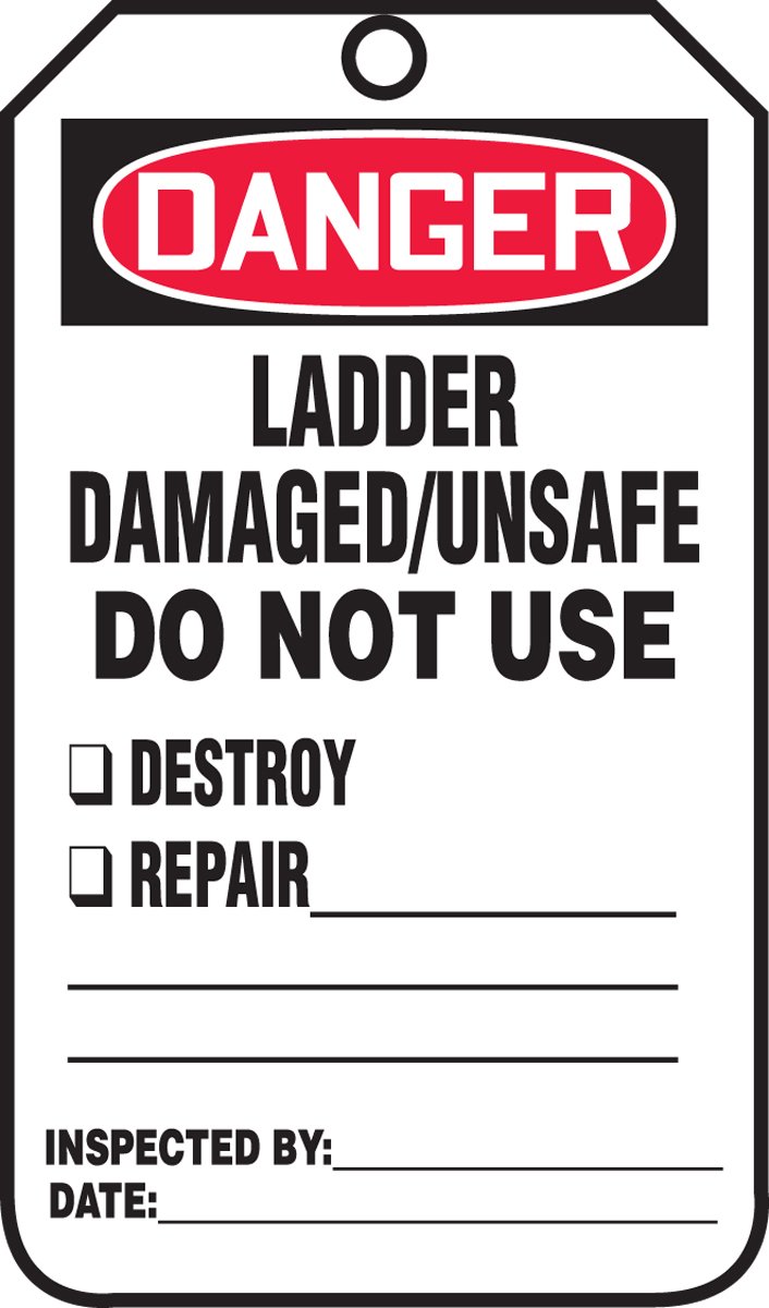 Accuform MDT234CTP PF-Cardstock Safety Tag, Legend "Danger Ladder Damaged/Unsafe Do Not Use", 5.75" Length x 3.25" Width x 0.010" Thickness, Red/Black on White (Pack of 25)