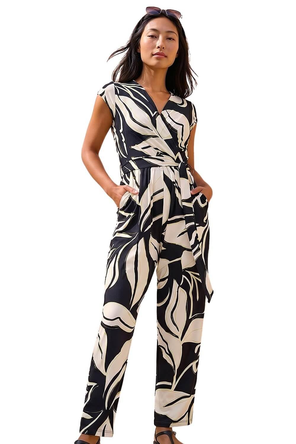 Roman Women's Petite Leaf Print Stretch Jumpsuit in Black | Size: 14