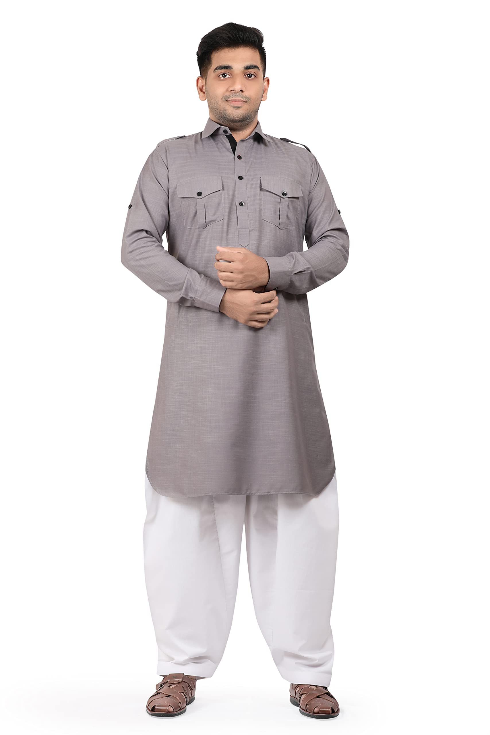 k-royals Men's Pathani suit Cotton blend Kurta Pyjama set/Stylish Grey White-picture-24
