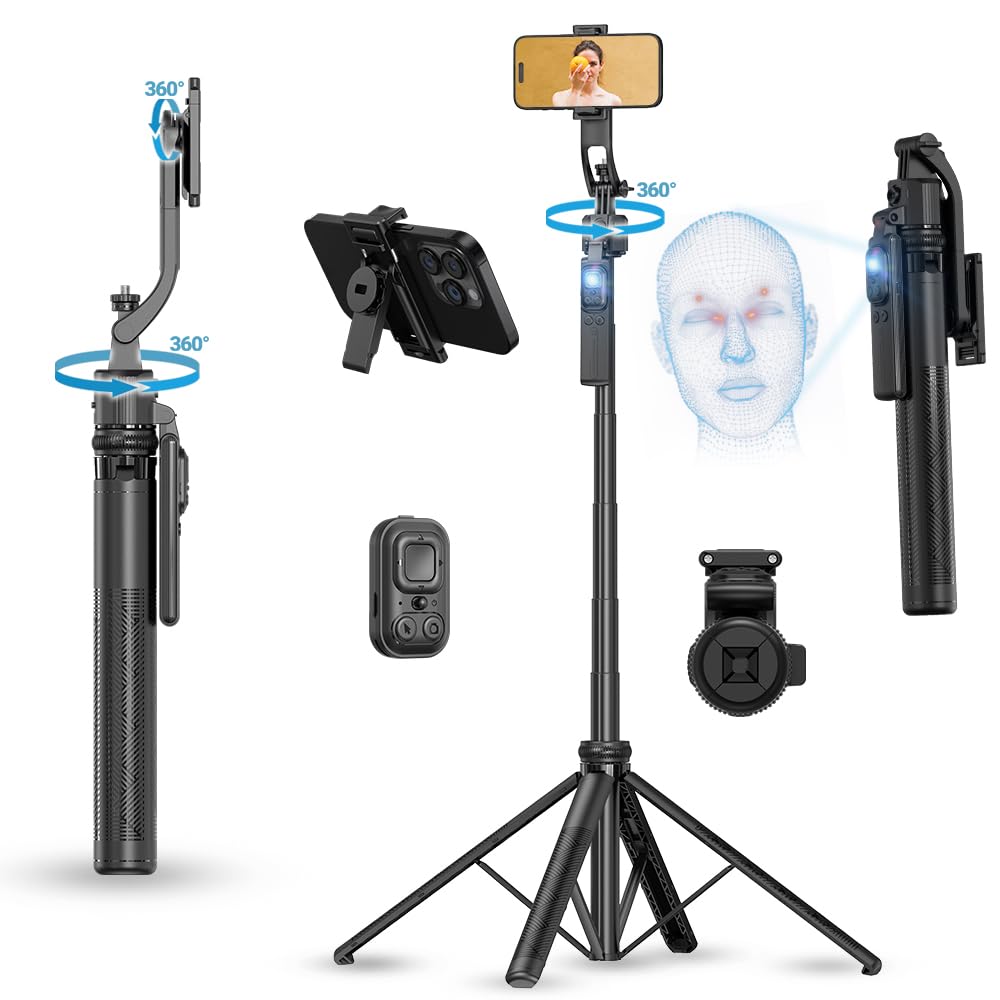 Orbitech AI Face Tracking Tripod with Gesture Control, 360° Rotating Selfie Stick, Adjustable Stand for iPhone & Android, Great for Video Recording, Content Create, Live Streaming (68-Inch)