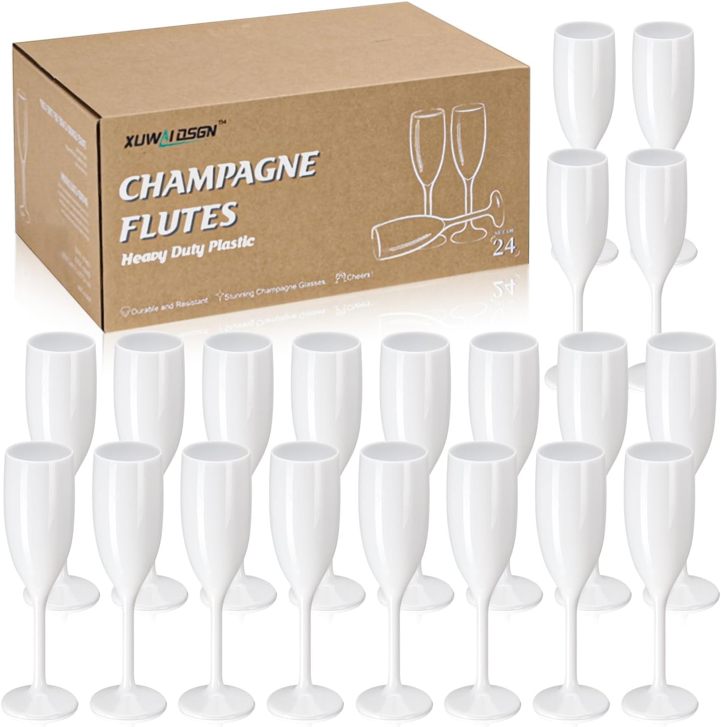XUWAIDSGN Champagne Flute Acrylic Champagne Glasses Wedding Toasting Champagne Flute Goblet Plastic Reusable Unbreakable Champagne Cups for Bachelorette Wedding Bridal Shower Party (White, 24)
