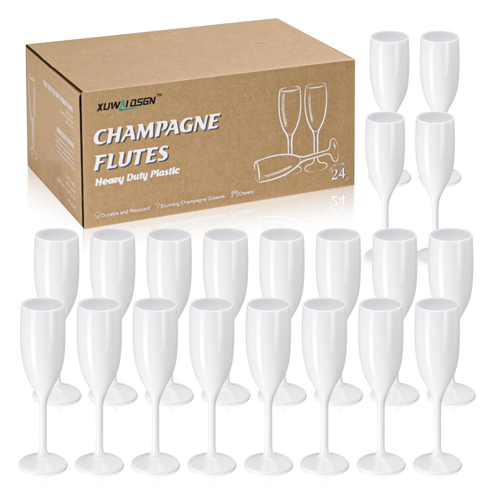 XUWAIDSGN Champagne Flute Acrylic Champagne Glasses Wedding Toasting Champagne Flute Goblet Plastic Reusable Unbreakable Champagne Cups for Bachelorette Wedding Bridal Shower Party (White, 24)