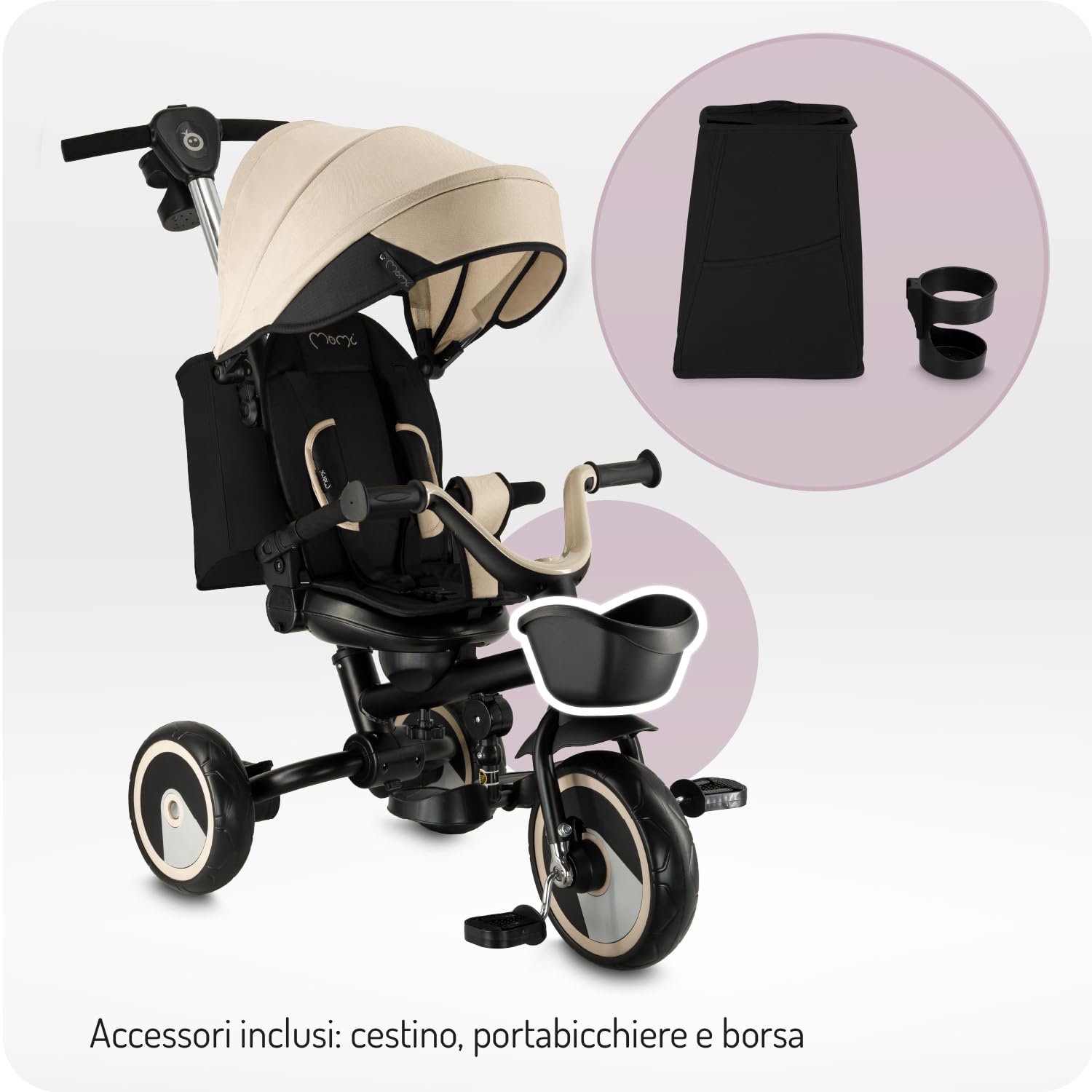 Triciclo per bambini MoMi IVI, seduta girevole 360°, cinture a 3 punti, poggiapiedi, tettuccio parasole, ruote EVA, manubrio regolabile, borsa e cestino portaoggetti