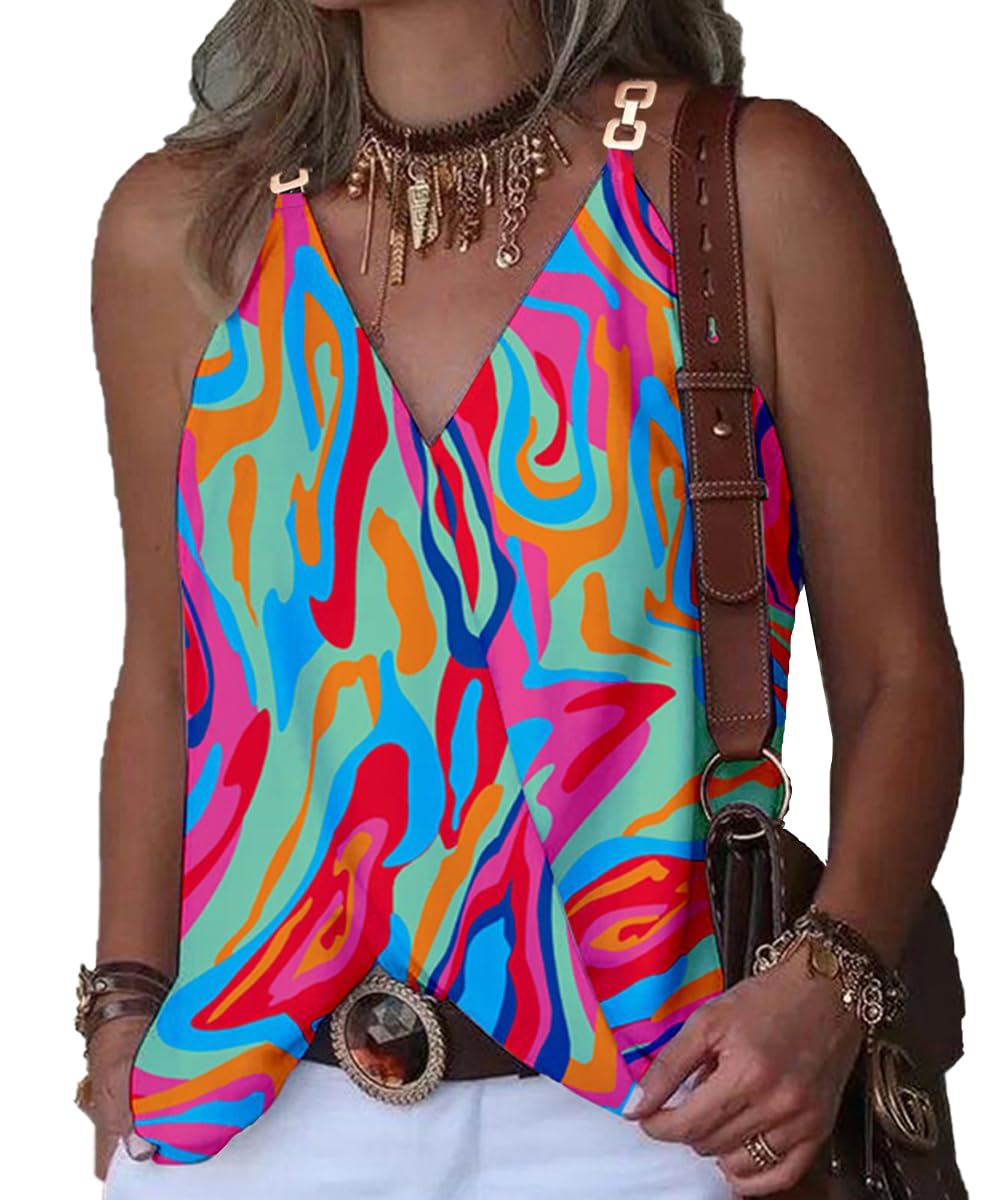 Yeenily Camiseta Sin Mangas para Mujer Verano Satén Camisole con Cuello en V Elegante Estampado Túnica Tank Top Casuales