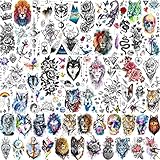 Shegazzi 30 Sheets 95+ PCS Watercolor Tribal Wolf Lion Tiger Scorpion Temporary Tattoos For Women Men, 3D Halloween Owl Flower Tattoo Sticker Adult, Snake Fake Tattoos That Look Real And Last Long