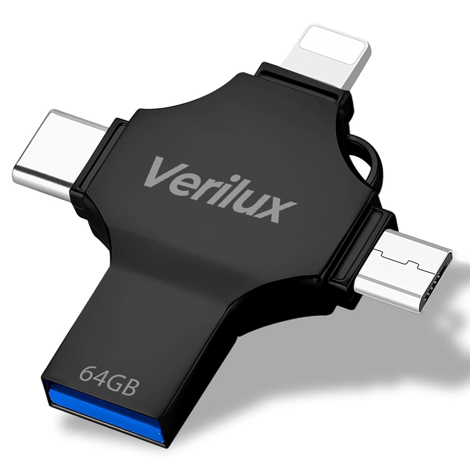 Verilux Pendrive 64GB, 4 in 1 Flash Drive with Light-ning, Micro USB, USB A, Type-C Interface Mini Hangable PenDrive for iOS & Android Compatible for iPhone, iPad, Android, PC and More Devices, Black