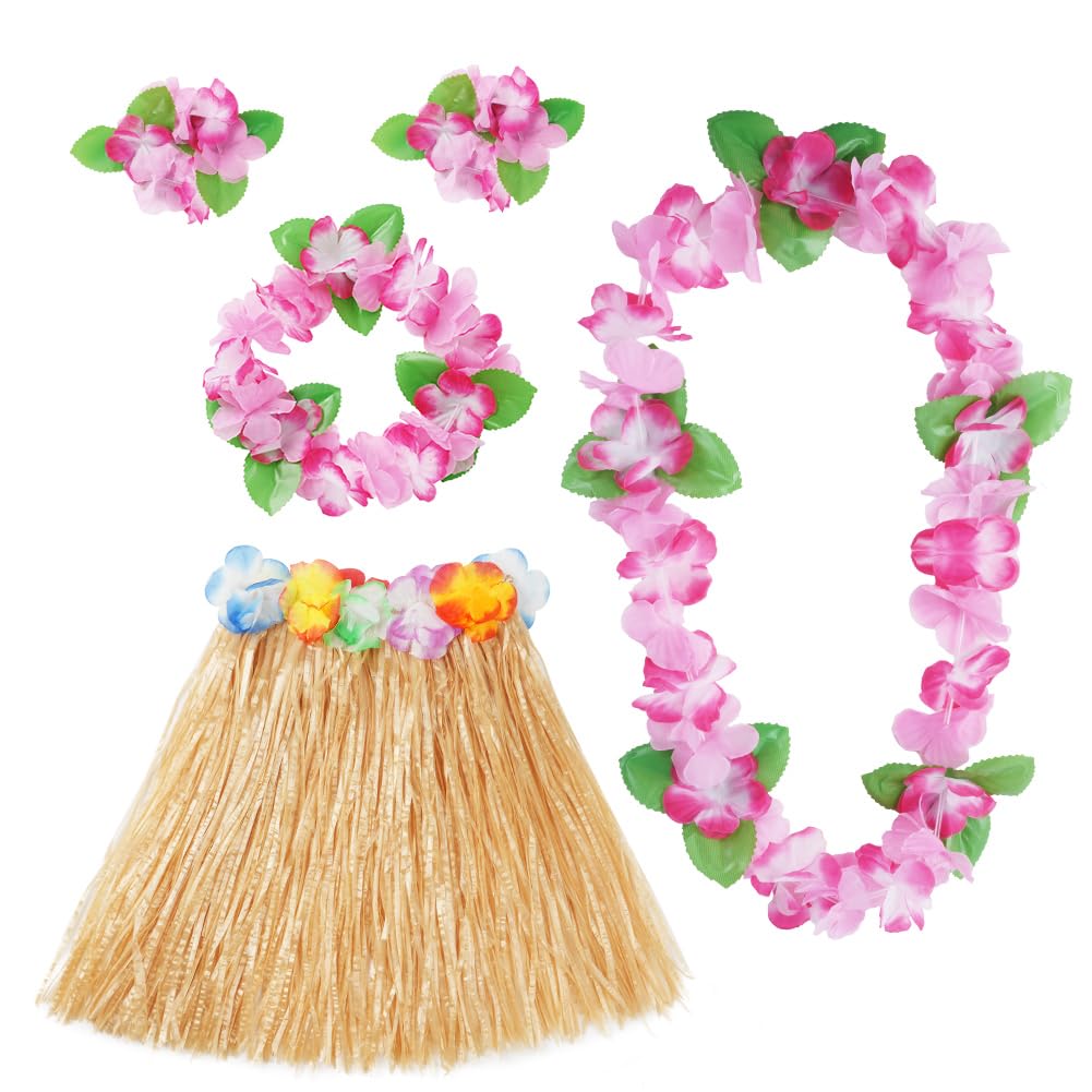 Aomig Jupe Hula à Feuilles, 5 Pièces Jupe Hawaïenne en Herbe avec Collier/Fleurs d'hibiscus Artificielles/Lunettes de Soleil, Jupe Hawaiian en Feuilles de Palmier pour Plage Fête Hawaïenne Luau Tiki
