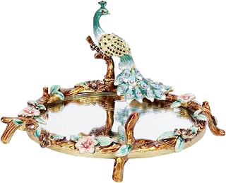 Decorative Peacock Vanity Mirror Tray, Enamelled Metal with Floral Design, Turquoise and Gold