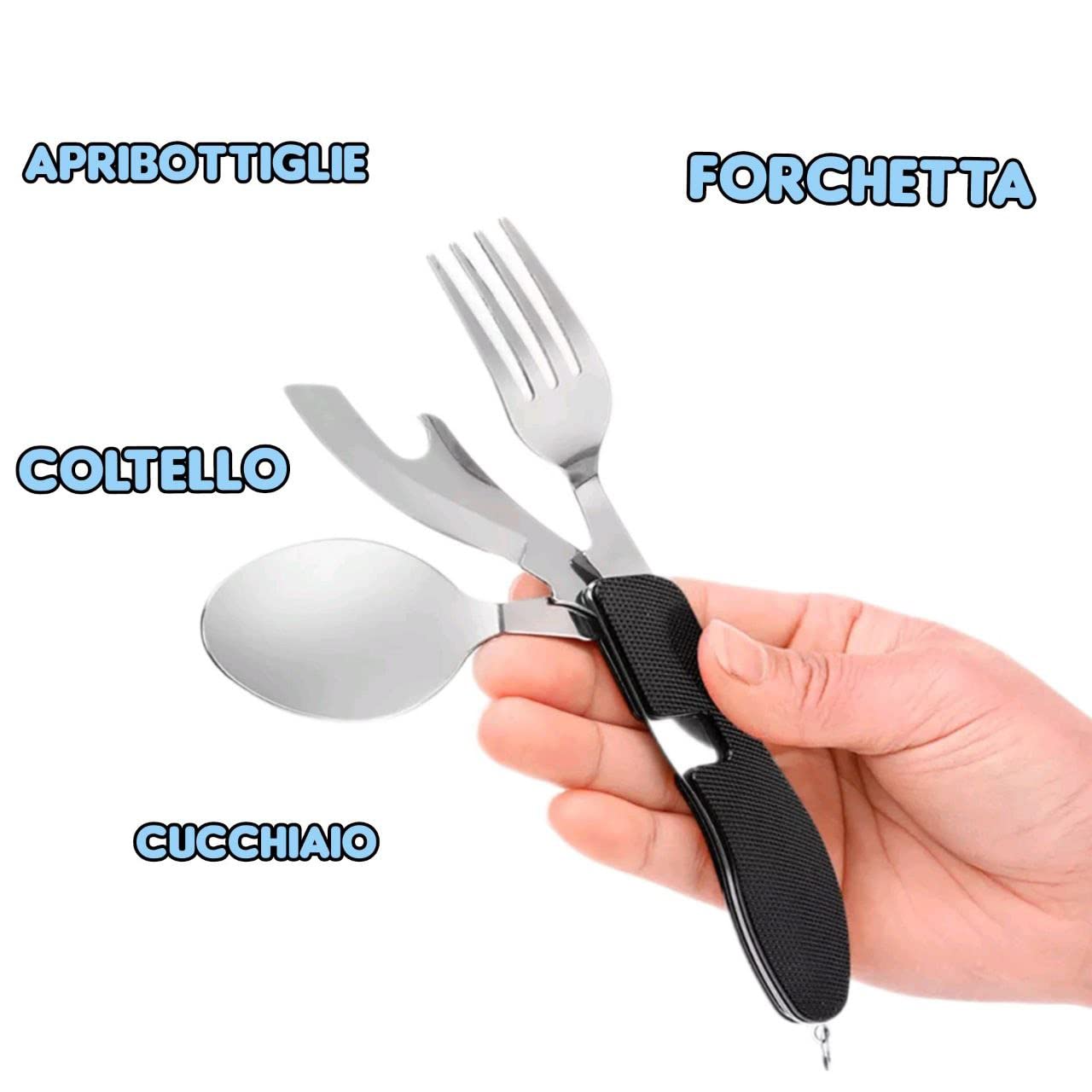 Posata Pieghevole Campeggio Multiuso Picnic Escursioni Viaggi Portatili Acciaio Inossidabile Staccabili 5 in 1 Picnic Coltello Forchetta Cucchiaio Apribottiglie Astuccio (nero)