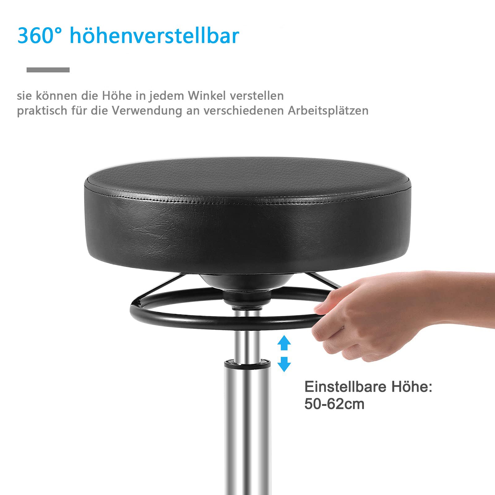 Rollhocker höhenverstellbar mit Rollen - 50-62cm，bis 180 kg belastbare Arbeitshocker，360° Drehhocker Hocker für Salon und Spa,aus Leder Hocker(Schwarz)