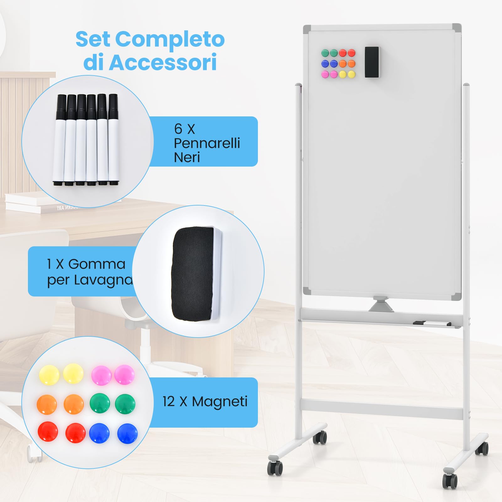 COSTWAY Lavagna Bianca Mobile 60 x 100 cm, Lavagna Magnetica Cancellabile a Secco 360° Reversibile con Cavalletto e Ruote, Completa di Pennarelli e Cancellino (Bianco)