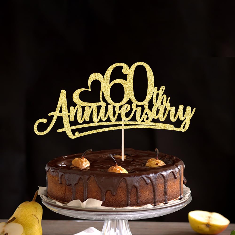 Happy 60th Anniversary Cake Topper - Wedding Anniversary Party Decorations, Glitter Cardboard, Pre-Assembled - View #9
