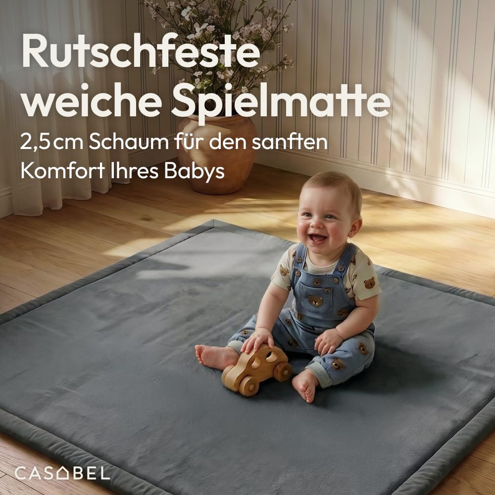 CASABEL Baby-Spielmatte aus Samt, dick und weich, 150x180cm, Grau | 2,5 cm dick, komfortabler Schaum, rutschfeste Unterseite, leicht zu reinigen, ideal zum Spielen und Krabbeln, Babyzimmer