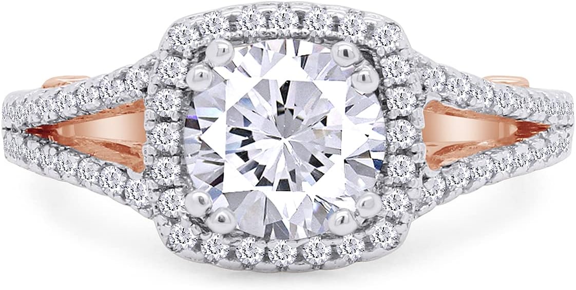 SAVEARTH DIAMONDS Round Cut 7MM Center Sparkling White Cubic Zirconia Split Shank Cushion Frame Filigree Halo Engagement Ring In 14k Gold Over Sterling Silver Jewelry For Women