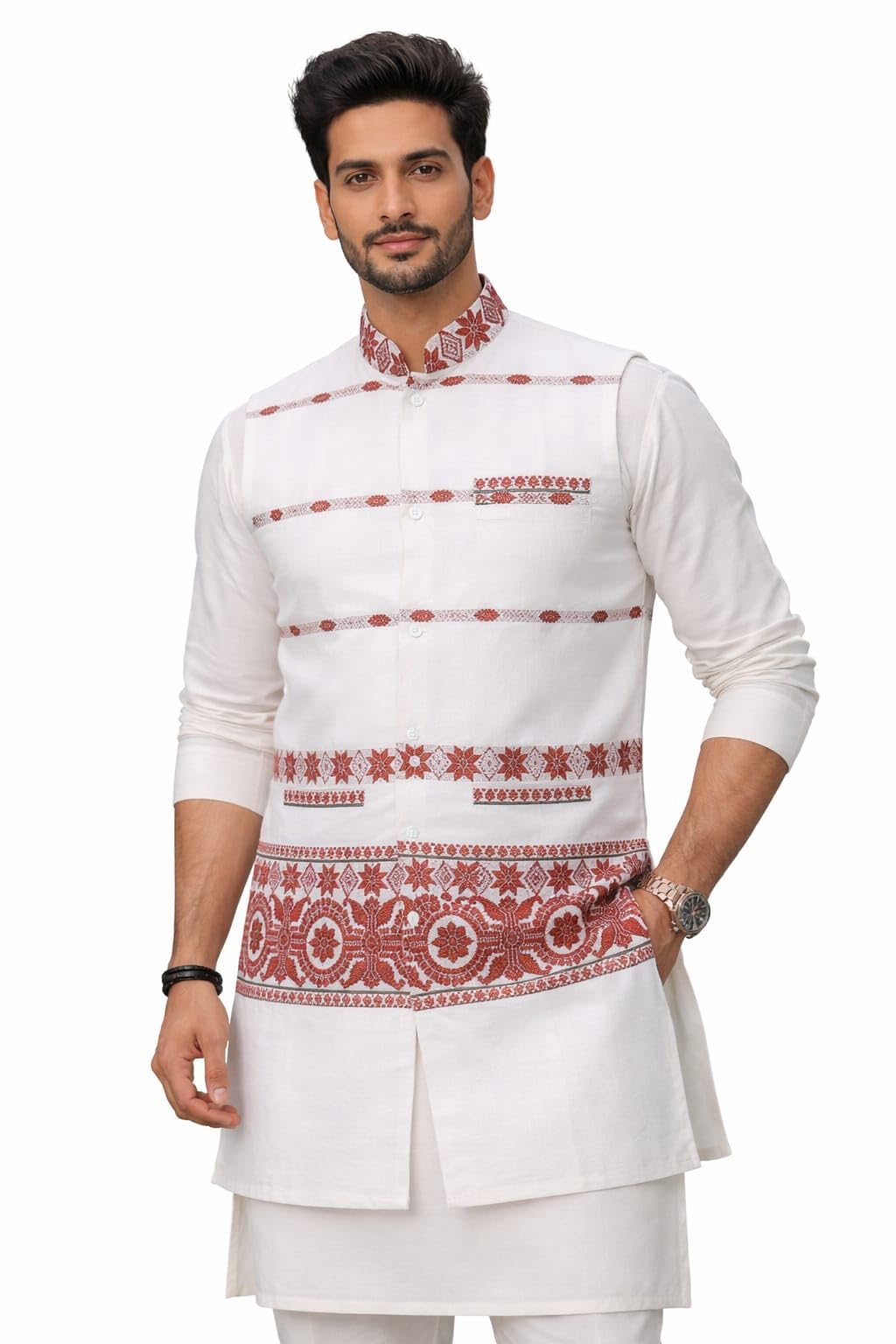 Generic Adivasi Waistcoat for Men, White, Floral Pattern - Image 1