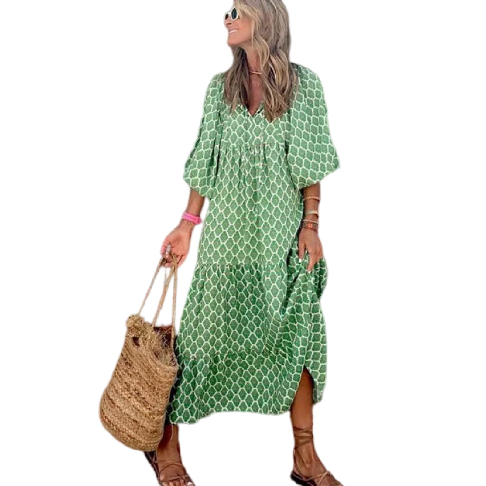 Vestido Largo de otoño de Escote en V con Mangas abullonadas y Multicolor Estampado(Verde-A,as4,Alpha,XX_l,Regular,Regular)