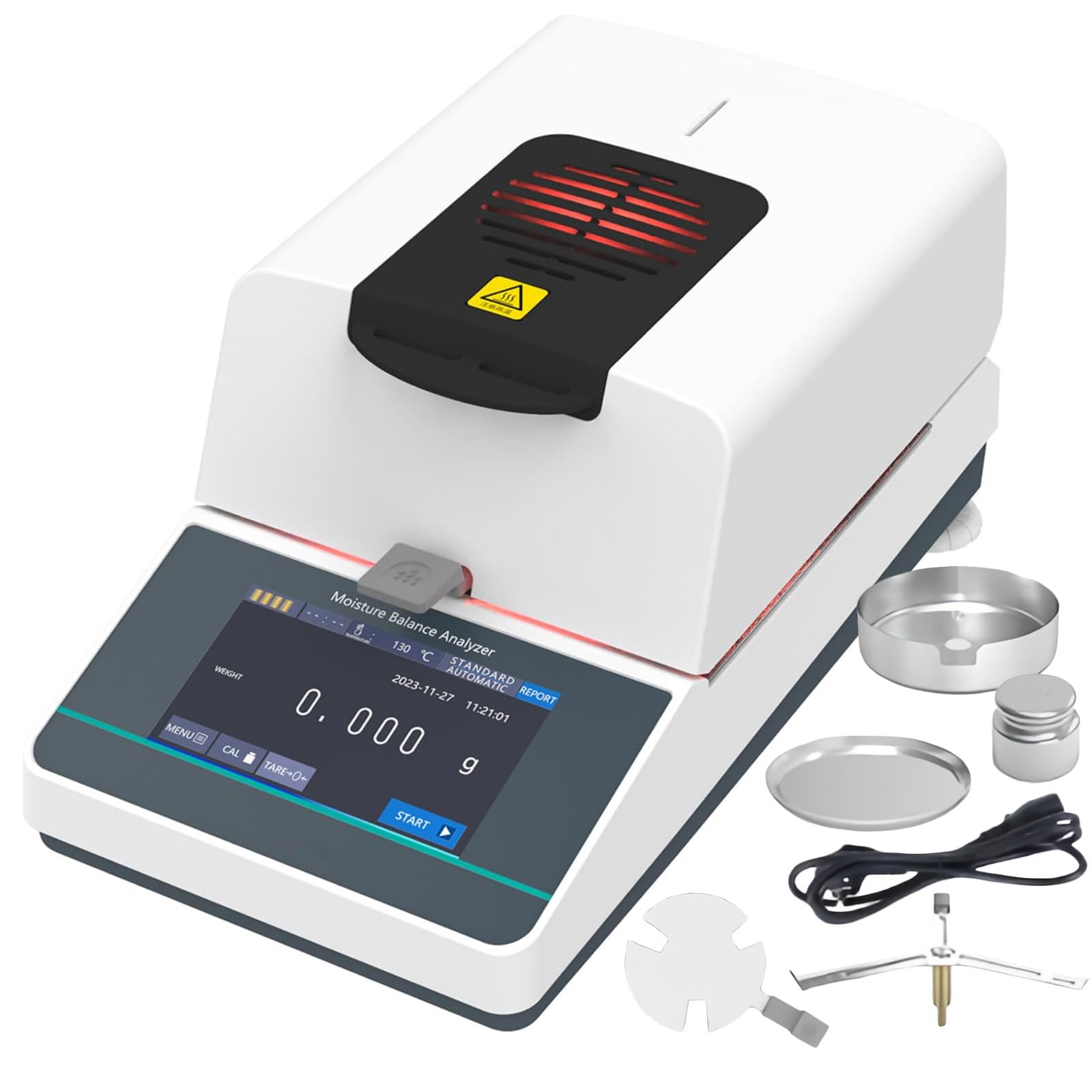 LAB Halogen-Feuchtigkeitsanalysatorwaage mit 5-Zoll-Touchscreen, integrierter Waagen-/Ofenfunktion, 40–160 °C Temperatur, für Lebensmittel-/Pulverfeuchtung, Agrarforschung,MBA1102a(110g/0.005g)