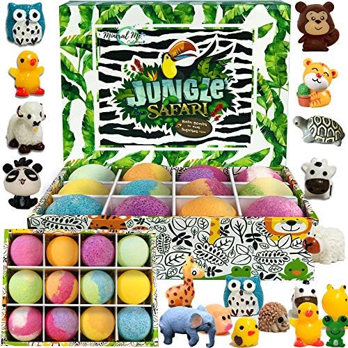 Bath Bombs for Kids with Toys Inside - Set of 12 Organic Bubble Bath Fizzies with Jungle Animal Toys. Gentle and Kids Safe Spa Bath Fizz Balls Kit. Birthday, Valentines Gift for Boys, Girls