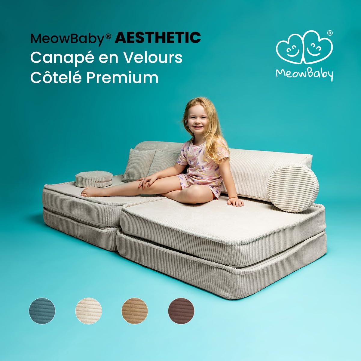 MEOWBABY Canape Enfant - Chauffeuse Enfant, Canapés pour Enfants, Canapé Bébé, Chauffeuse 1 Place Enfant, Canapé Enfant Convertible, Aesthetic, Écru
