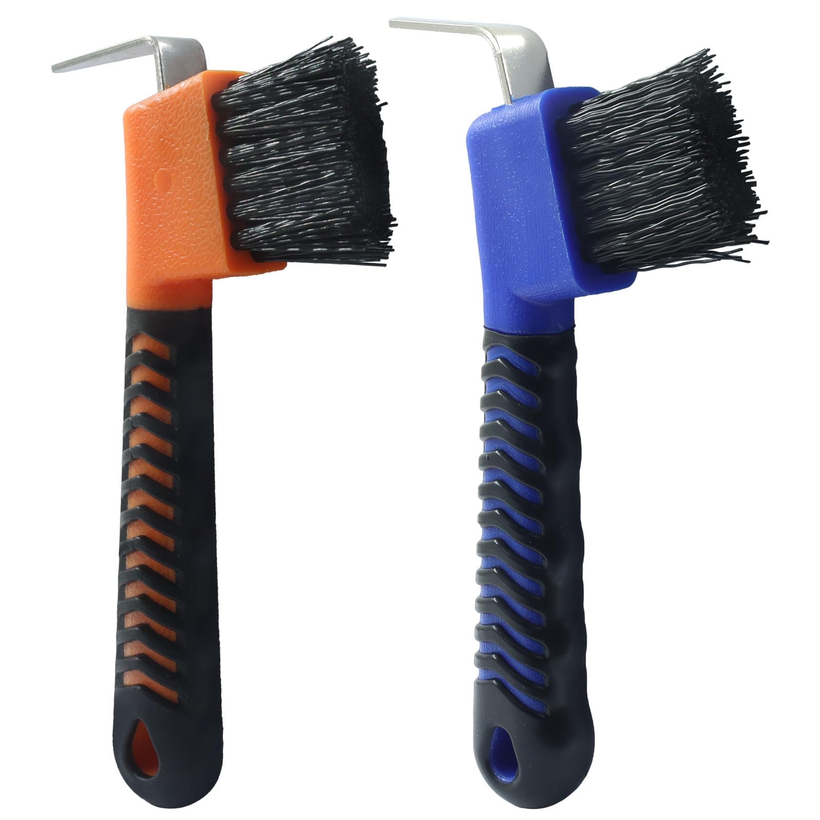 Horse Hoof Pick Brush, Soft Touch Rubber Handle Portable Hoof Pick for Horse Grooming, Cleaning (Orange+Blue)