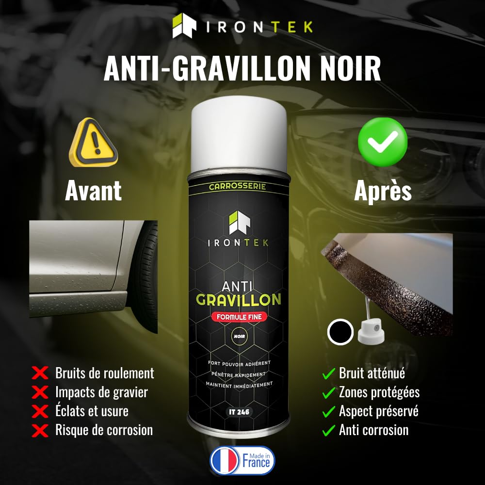 Anti-Gravillon Noir Protection Bas de Caisse 400ml - IRONTEK | IT246 | Fort Pouvoir adhérent | Formule Fine Pro | Anti-Corrosion & Insonorisant | Peut être Peint | Made in France (Formule Fine)
