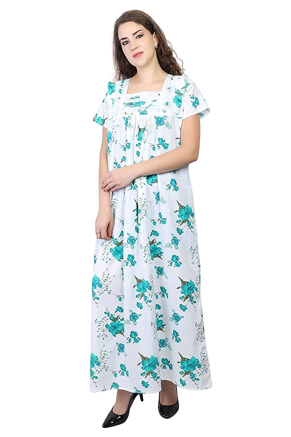 DS Group Women Pure Cotton Nighty Serena Satin Flower Printed Lace Nightwear Night Dress Sleepwear Maxi Nightgown for Women Women's Free Size Multicolor Green