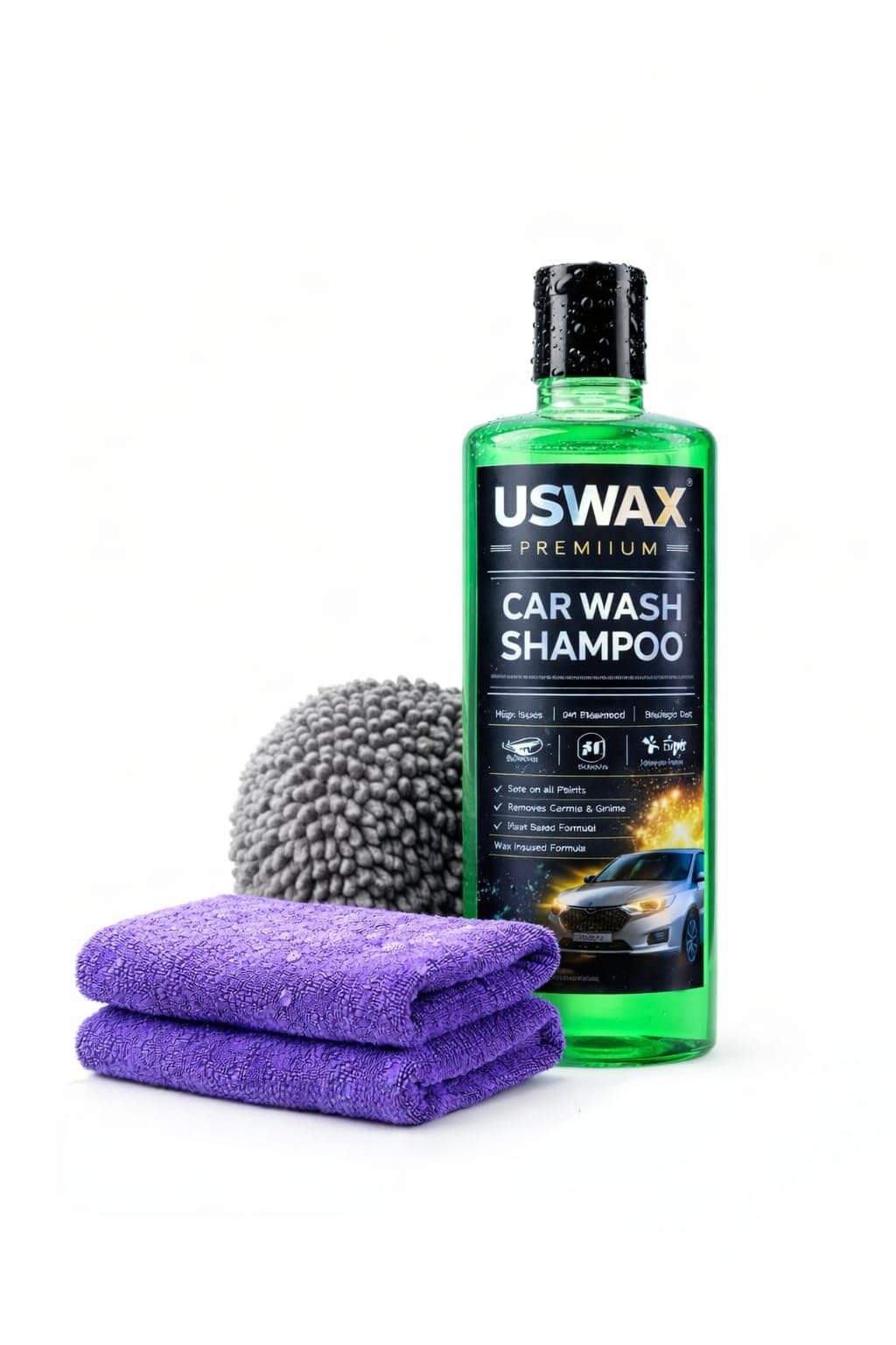 uswax premium car wash shampoo (500ml) kit with microfiber towel (500 gsm 40×60), wash mitt, high foam, ph balanced, 3 piece set